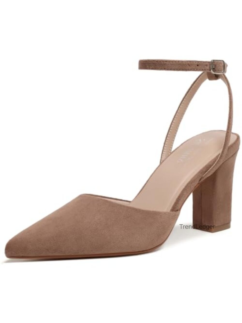 Suede Pointed Toe Block Heel Pump with Ankle Strap